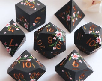 Baroque Blossoms - sakura blossoms dice - hand-painted, handmade resin sharp edge dice set for DnD, D&D, Dungeons and Dragons, RPG dice