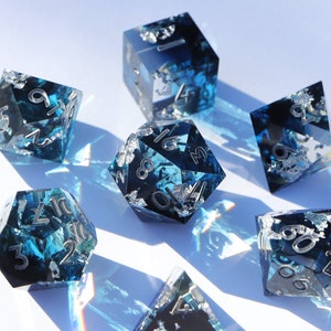 Coldhearted icy blue gradient handmade resin sharp edge dnd dice set for DnD, D&D, Dungeons and Dragons, RPG dice, ice dice image 1