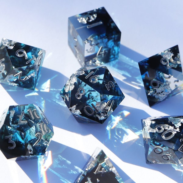 Coldhearted - icy blue gradient handmade resin sharp edge dnd dice set for DnD, D&D, Dungeons and Dragons, RPG dice, ice dice