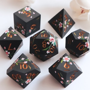 Baroque Blossoms - sakura blossoms dice - hand-painted, handmade resin sharp edge dice set for DnD, D&D, Dungeons and Dragons, RPG dice