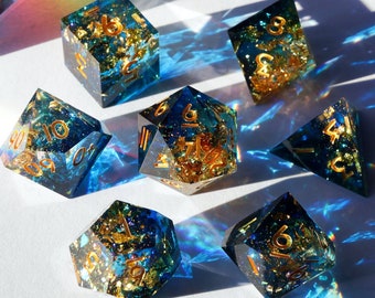 Sacred Flame - blue smoke with gold foil handmade resin sharp edge dnd dice set for DnD, D&D, Dungeons and Dragons, RPG dice
