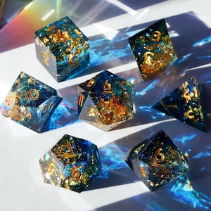 Sacred Flame - blue smoke with gold foil handmade resin sharp edge dnd dice set for DnD, D&D, Dungeons and Dragons, RPG dice