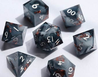 The Terror - smoke dice, handmade resin sharp edge dice set for DnD, D&D, Dungeons and Dragons, RPG dice, dark dice, black and white dice