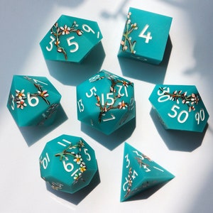 Almond Blossom - hand-painted, handmade resin sharp edge dice set for DnD, D&D, Dungeons and Dragons, RPG dice, fine art dice, painted dice