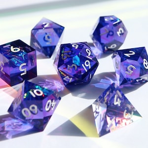 Neon Dreamer - retro purple holographic handmade resin sharp edge dnd dice set for DnD, D&D, Dungeons and Dragons, RPG dice