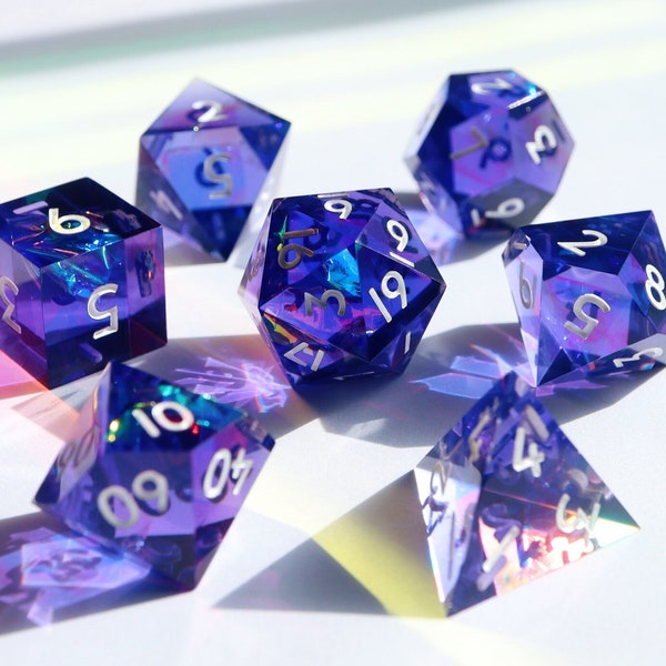Neon Dreamer - retro purple holographic handmade resin sharp edge dnd dice set for DnD, D&D, Dungeons and Dragons, RPG dice