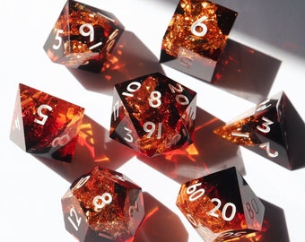 Fireheart - red and black gold dice, fire dice, handmade resin sharp edge dnd dice set for DnD, D&D, Dungeons and Dragons, RPG dice