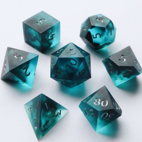 Drowned Sea blue and black matte handmade resin sharp edge dnd dice set for DnD, D&D, Dungeons and Dragons, RPG dice, smoke dice, matte dice