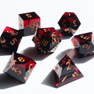 The Gods Are Athirst red and black handmade resin sharp edge dnd dice set for DnD, D&D, Dungeons and Dragons, RPG dice, smoke dice image 1