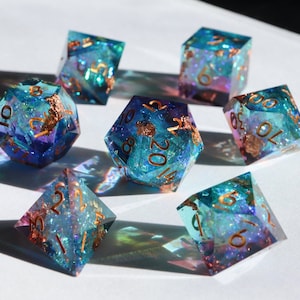 Nebula Patina - holographic handmade resin sharp edge dice set for DnD, D&D, Dungeons and Dragons, RPG dice, galaxy dice, sparkly dice, holo