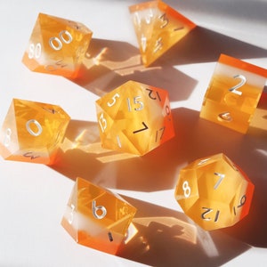 Orange Cream Soda dice - handmade resin sharp edge dice set for DnD, D&D, Dungeons and Dragons, RPG dice, cute dice, kawaii, fruit, orange