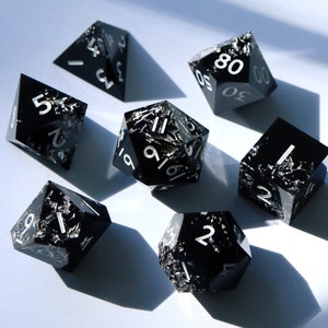 Solstice - silver foil dice, false snowflake obsidian dice, handmade resin sharp edge dnd dice set for DnD, D&D, Dungeons and Dragons, RPG