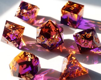 Eternal Sunset - holographic handmade resin sharp edge dice set for DnD, D&D, Dungeons and Dragons, RPG dice, retrowave dice, 80s, vaporwave
