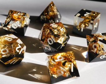 Brutus - black and gold handmade resin sharp edge dnd dice set for DnD, D&D, Dungeons and Dragons, RPG dice, gold dice