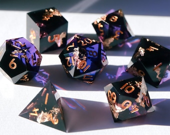 Heretic's Glory - purple and black handmade resin sharp edge dnd dice set for DnD, D&D, Dungeons and Dragons, RPG dice