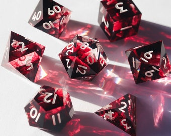 Persephone&#39;s Fury - red blood handmade resin sharp edge dice set for DnD, D&D, Dungeons and Dragons, RPG dice