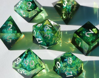 Poisoner's Delight - green holographic dice, handmade resin sharp edge dnd dice set for DnD, D&D, Dungeons and Dragons, RPG dice