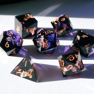 Heretic's Glory - purple and black handmade resin sharp edge dnd dice set for DnD, D&D, Dungeons and Dragons, RPG dice