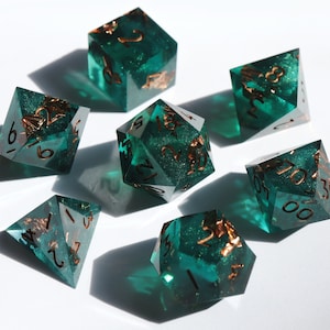 Decay Deco - teal green and copper handmade resin sharp edge dnd dice set for DnD, D&D, Dungeons and Dragons, RPG dice