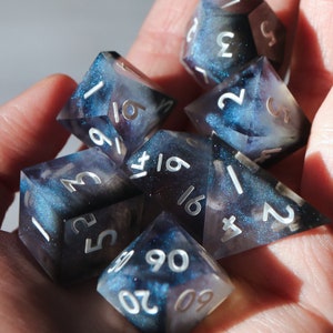 The Premonition - blue and black handmade resin sharp edge dnd dice set for DnD, D&D, Dungeons and Dragons, RPG dice, smoke dice, mica dice