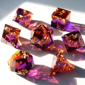 Eternal Sunset - holographic handmade resin sharp edge dice set for DnD, D&D, Dungeons and Dragons, RPG dice, retrowave dice, 80s, vaporwave