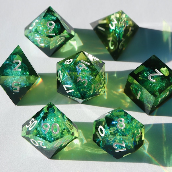 Poisoner's Delight - green holographic dice, handmade resin sharp edge dnd dice set for DnD, D&D, Dungeons and Dragons, RPG dice