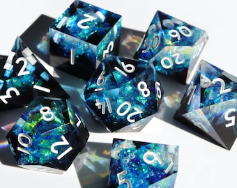 Stardust Geode - holographic handmade resin sharp edge dice set for DnD, D&D, Dungeons and Dragons, RPG dice, galaxy dice