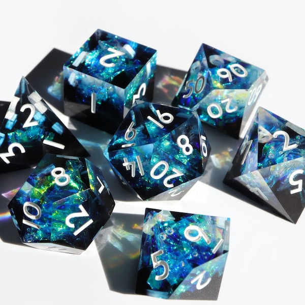 Stardust Geode - holographic handmade resin sharp edge dice set for DnD, D&D, Dungeons and Dragons, RPG dice, galaxy dice