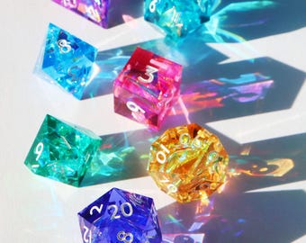 City Pop Rocks - rainbow holographic handmade resin sharp edge dnd dice set for DnD, D&D, Dungeons and Dragons, RPG dice, spectrum dice