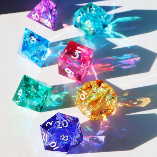 City Pop Rocks - rainbow holographic handmade resin sharp edge dnd dice set for DnD, D&D, Dungeons and Dragons, RPG dice, spectrum dice