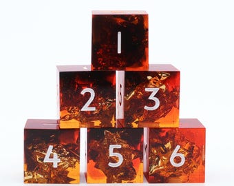 Fireheart 6D6 set -  fire dice, handmade resin sharp edge 6 D6 dice set for DnD, MTG, RPG dice, fireball dice, D6 set