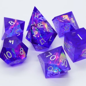 Neon Dreamer - retro purple holographic handmade resin sharp edge dnd dice set for DnD, D&D, Dungeons and Dragons, RPG dice