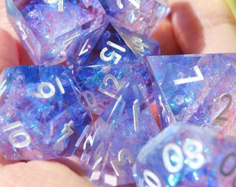 Pastelaria - holographic handmade resin sharp edge dice set for DnD, D&D, Dungeons and Dragons, RPG dice, pastel dice, sparkly dice
