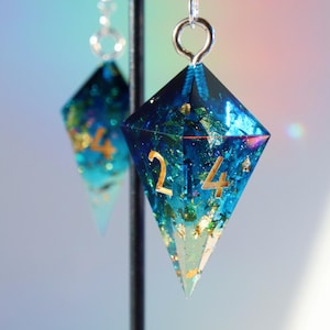 Sacred Flame D4 Dice Earrings - crystal dice, handmade dice, cute earrings, nerd earrings, Dungeons and Dragons, DnD earrings