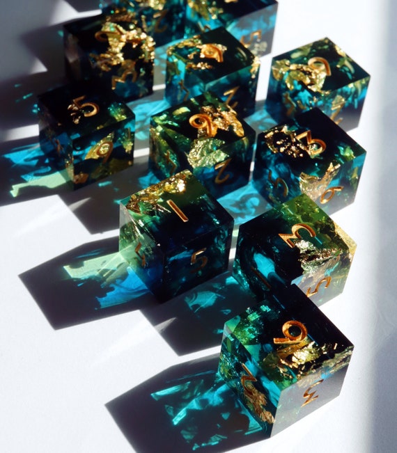Sublime Blight 6D6 set - green and black smoke handmade resin sharp edge 6 D6 dice set for DnD, MTG, RPG dice, smoke dice, gold dice, D6 set