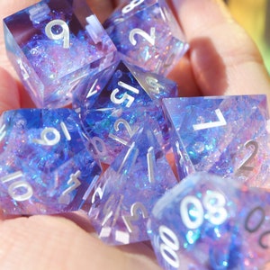 Pastelaria - pink and purple holographic handmade resin sharp edge dnd dice set for DnD, D&D, Dungeons and Dragons, RPG dice, galaxy dice