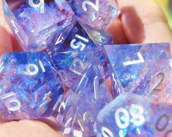 Pastelaria - pink and purple holographic handmade resin sharp edge dnd dice set for DnD, D&D, Dungeons and Dragons, RPG dice, galaxy dice