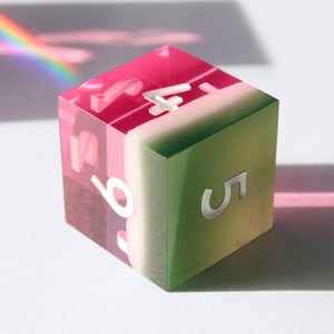 May include: A multi-colored, clear acrylic dice with the numbers 1, 2, 3, 4, 5, and 6 on each side. The dice is pink, white, and green.