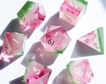 Watermelon dice - handmade resin sharp edge dice set for DnD, D&D, Dungeons and Dragons, RPG dice, cute dice, kawaii dice, pink, fruit