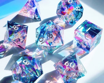 Superillusion - holographic handmade resin sharp edge dice set for DnD, D&D, Dungeons and Dragons, RPG dice, galaxy dice, sparkly dice