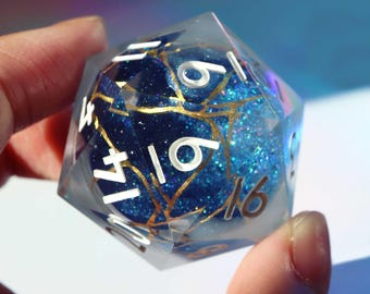 Kintsugi Liquid Core Chonk D20 - oversized d20, glitter handmade resin sharp edge dice set for DnD, Dungeons and Dragons, porcelain RPG dice