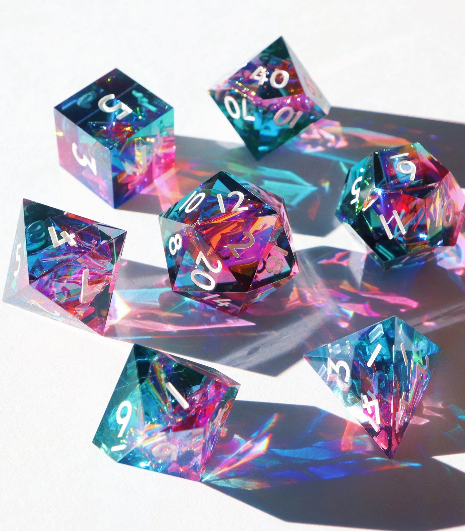Hologram Gems - holographic handmade resin sharp edge dice set for DnD, D&D, Dungeons and Dragons, RPG dice, galaxy dice, vaporwave dice