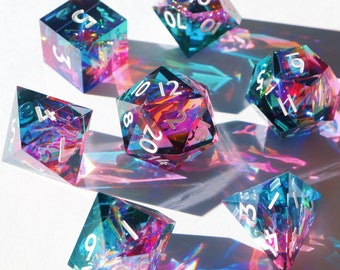 Hologram Gems - holographic handmade resin sharp edge dice set for DnD, D&D, Dungeons and Dragons, RPG dice, galaxy dice, vaporwave dice