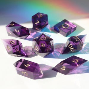 Amethyst Crystal 8 pc Set - gemstone handmade resin sharp edge dnd dice set for DnD, D&D, Dungeons and Dragons, RPG dice, rich purple dice