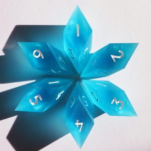 Puede incluir: Un conjunto de siete dados poliédricos de resina azul dispuestos en forma de estrella. Cada dado tiene un número diferente del 1 al 9 en fuente plateada. Los dados son translúcidos, con un ligero degradado de color.