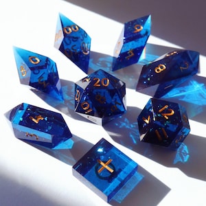 Sapphire Crystal 8 pc Set - gemstone handmade resin sharp edge dnd dice set for DnD, D&D, Dungeons and Dragons, RPG dice, deep blue dice