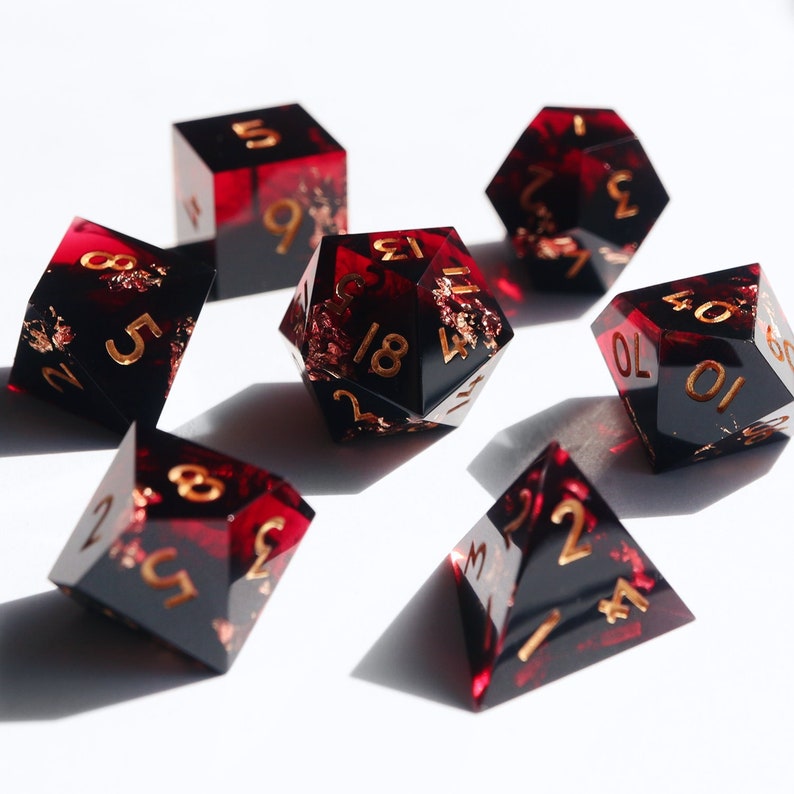 The Gods Are Athirst - red and black handmade resin sharp edge dnd dice set for DnD, D&D, Dungeons and Dragons, RPG dice, smoke dice 