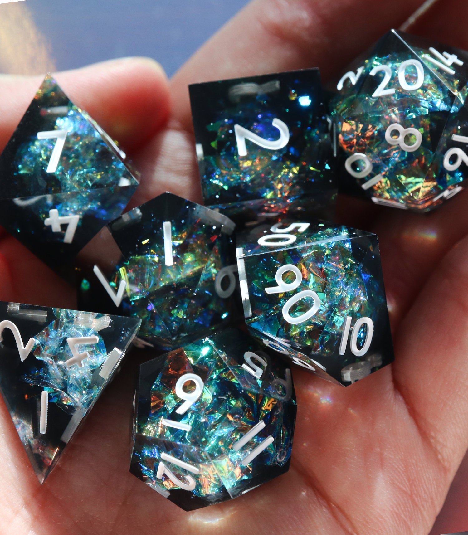 Astral Illusions - holographic handmade resin sharp edge dice set for DnD, D&D, Dungeons and Dragons, RPG dice, galaxy dice, sparkly dice