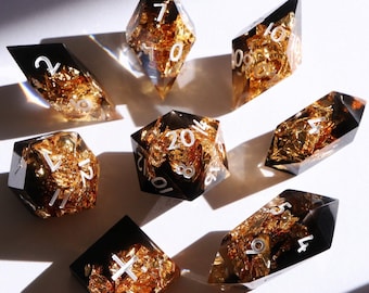 Brutus Crystal 8 pc Set - black and gold handmade resin sharp edge dnd dice set for DnD, D&D, Dungeons and Dragons, RPG dice, gold dice