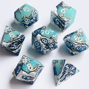 Great Wave dice - hand-painted, handmade resin sharp edge dice set for DnD, D&D, Dungeons and Dragons, RPG dice